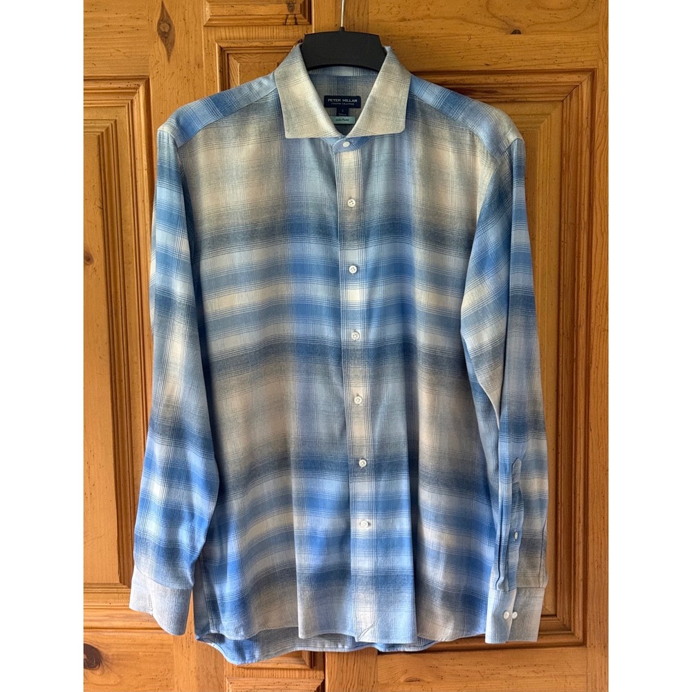 Peter Millar Goodman Italian Flannel Shirt Men's L Blue Gray Plaid Crown Crafted